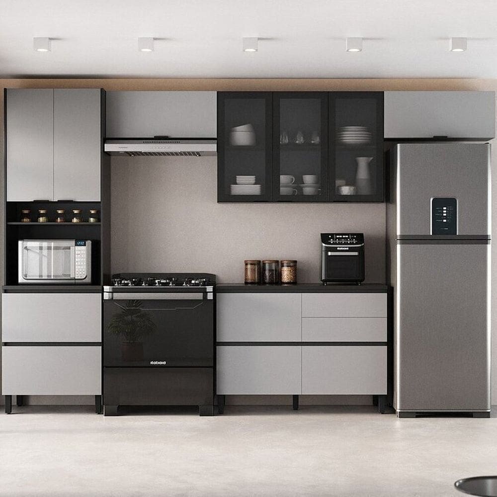 Cozinha Modulada 5 Peças 9 Portas 5 Gavetas Mdf Dodradiça Slow Motion Lúmina Itatiaia Grafite/Cinza