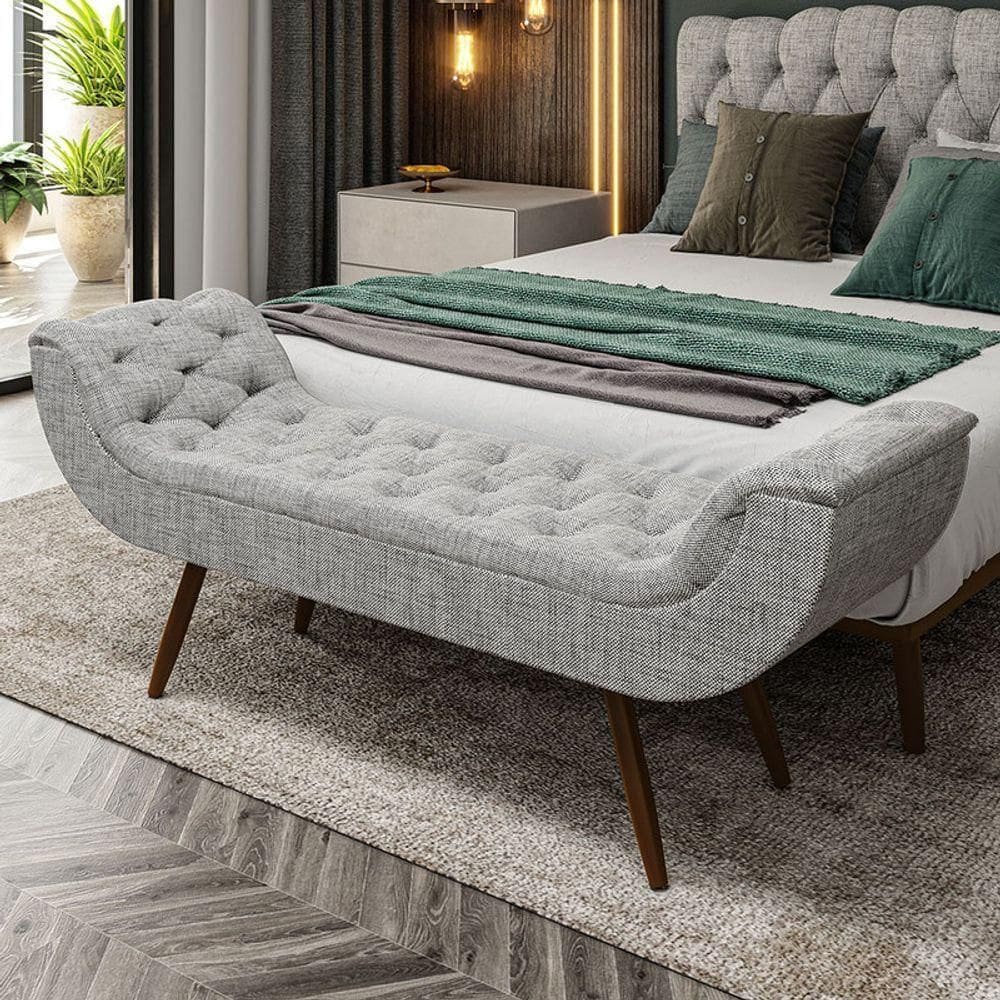 Recamier Puff Estofado King 195 Cm Drusa Linho Cinza