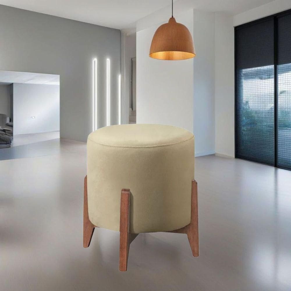 Puff Estofado Decorativo Sala Redondo Luxo Londres Linho Bege