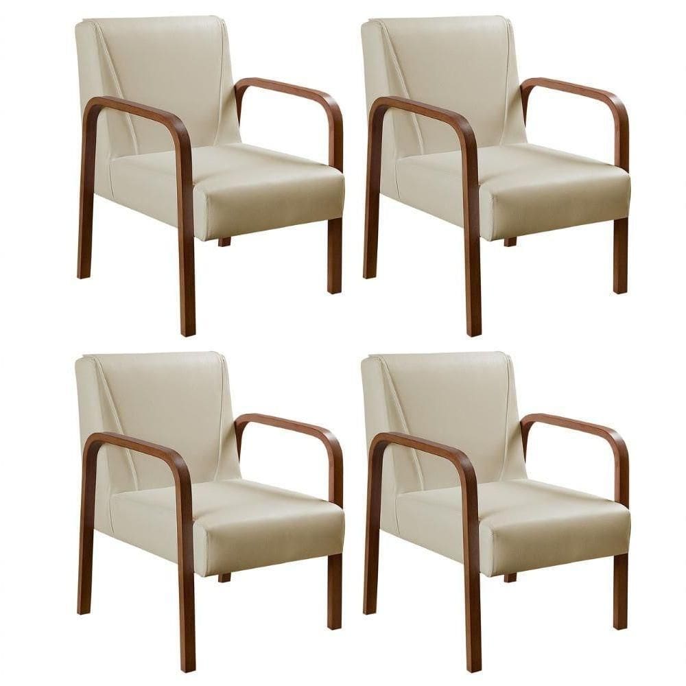 Kit 4 Poltronas Anita Moderna Decorativa Braço Madeira - Corino Bege 370
