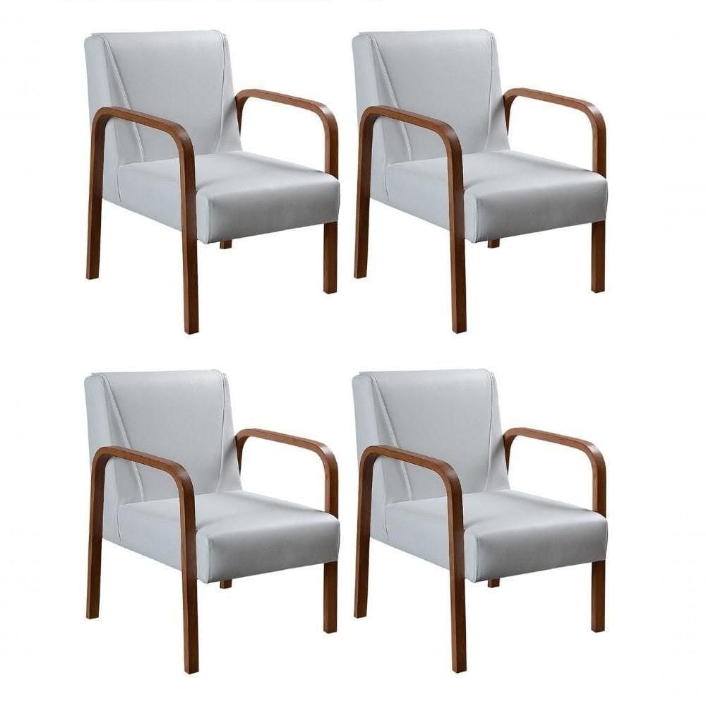 Kit 4 Poltronas Anita Moderna Decorativa Braço Madeira Corino Branco 190