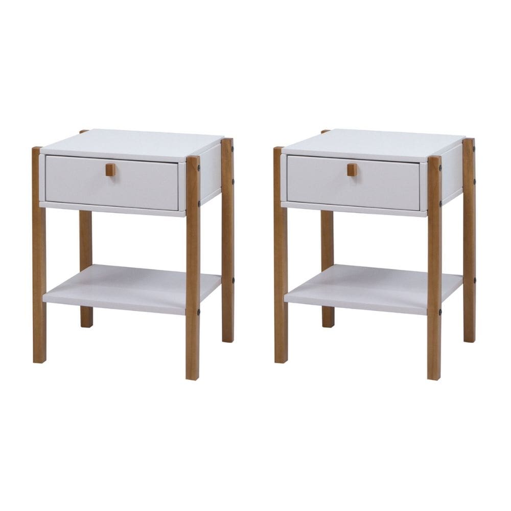 Kit 2 Mesas de Cabeceira 2 Gavetas Madeira Maciça Flórida Branco/Castanho