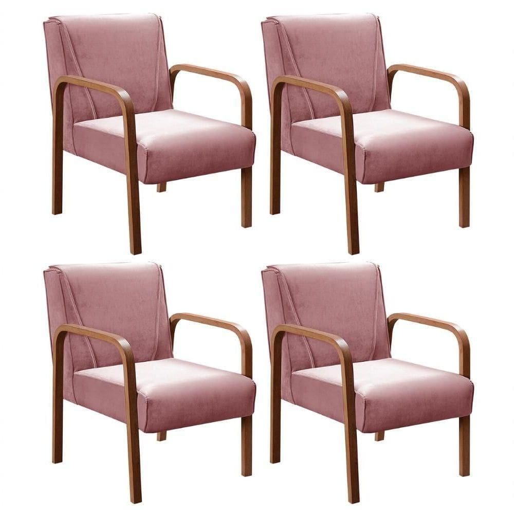 Kit 4 Poltronas Anita Moderna Decorativa Braço Madeira Veludo Rosê 390