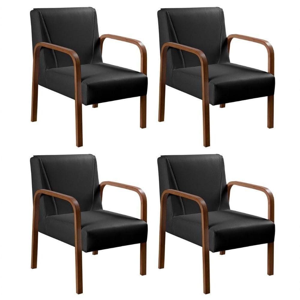 Kit 4 Poltronas Anita Moderna Decorativa Braço Madeira Corino Preto 200