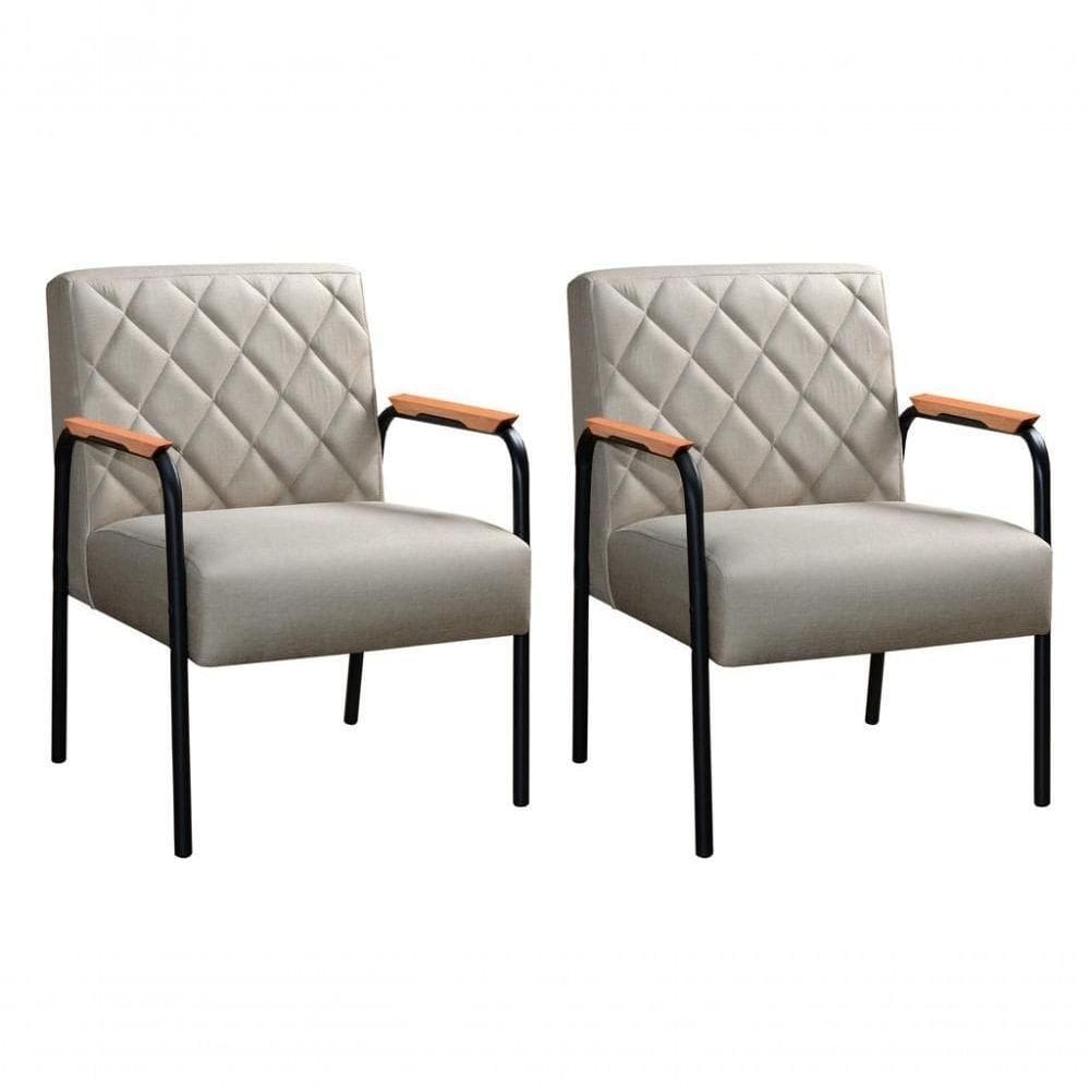 Conjunto 2 Poltronas Ludmilla Cadeira Decorativa Sala Recepção Escritório - Linho Bege 140