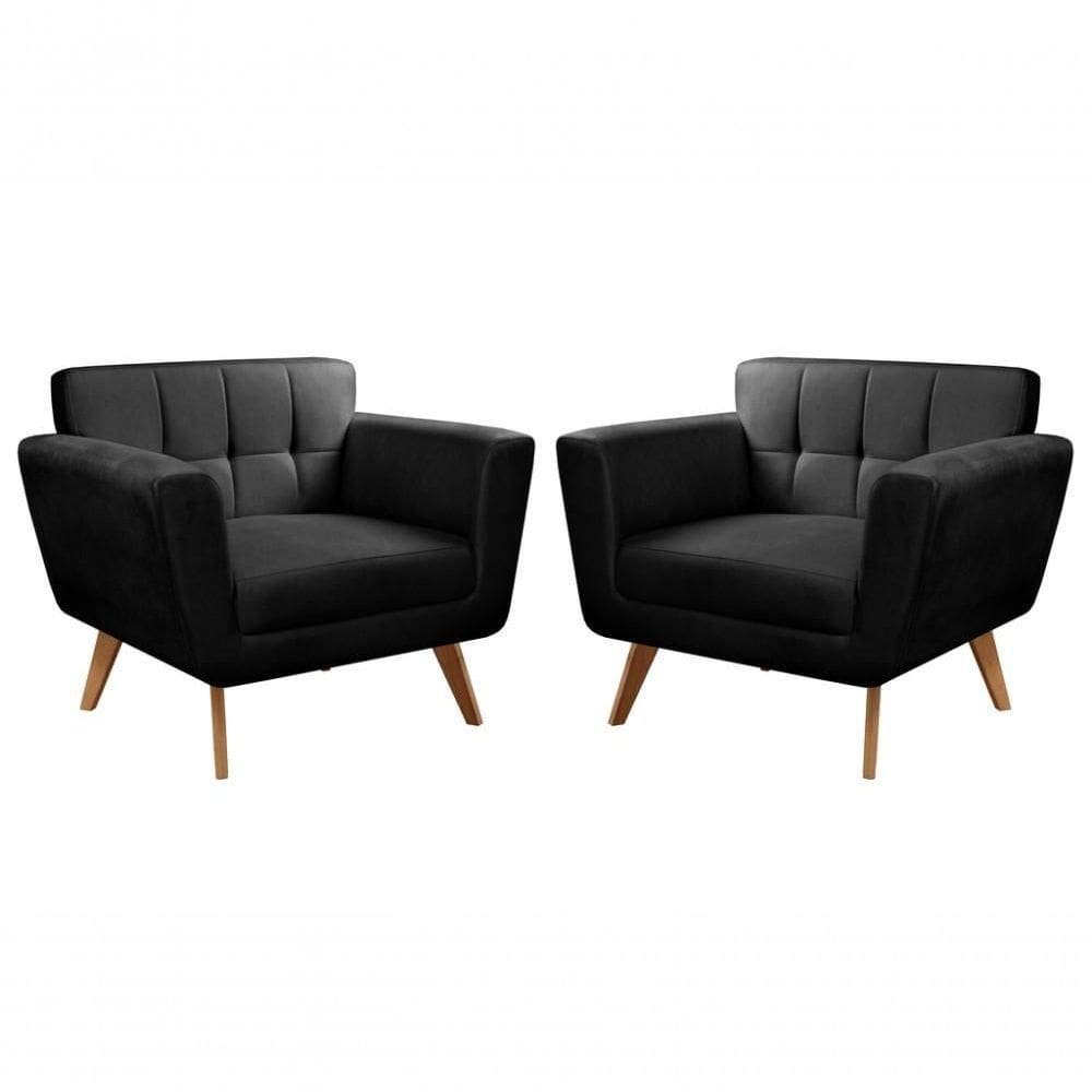 Conjunto 2 Poltronas Bruna Confortável Decorativa Moderna - Veludo Preto 410