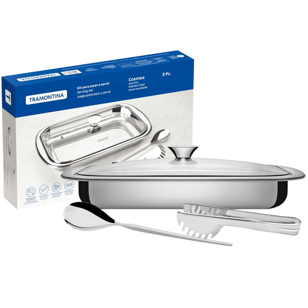 Kit Assadeira Travessa Baixa Inox 3 Peças Tampa Vidro Tramontina