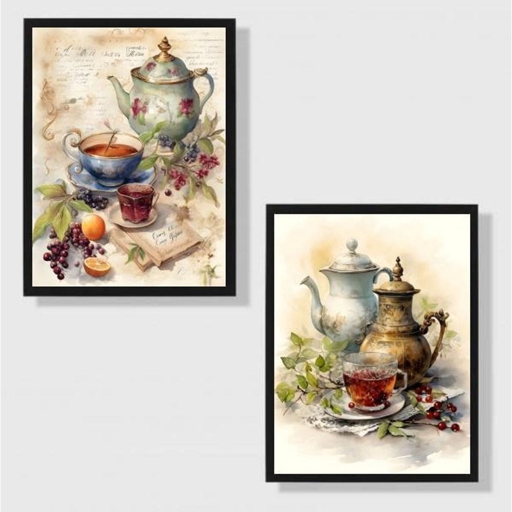 Kit 2 Quadros Aquarela Chá Retrô 33X24Cm - Com Vidro