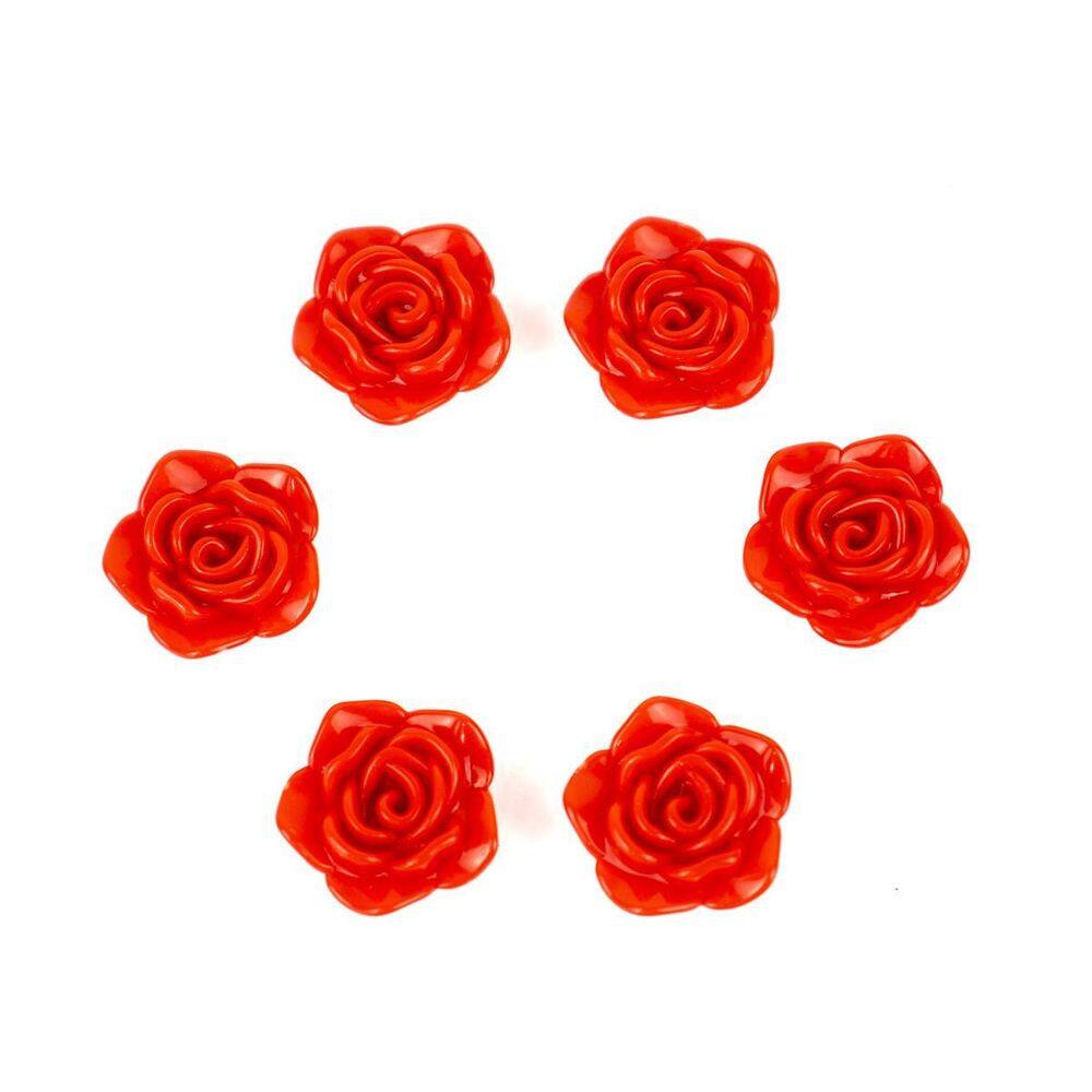 Kit C/6 Miçangas Em Resina Flor Rosa Vermelha 2 Cm