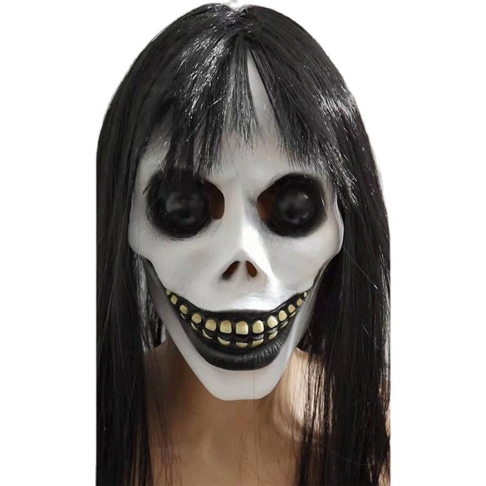 Máscara facial de cicatriz de látex Scary Skull com cabelo preto para mulheres