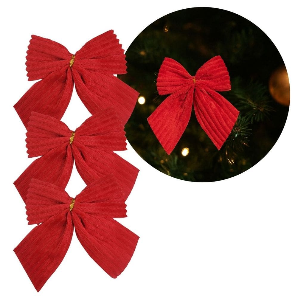 Kit 3 Laços Natalinos Vermelho Canelado Veludo Premium 10x10cm