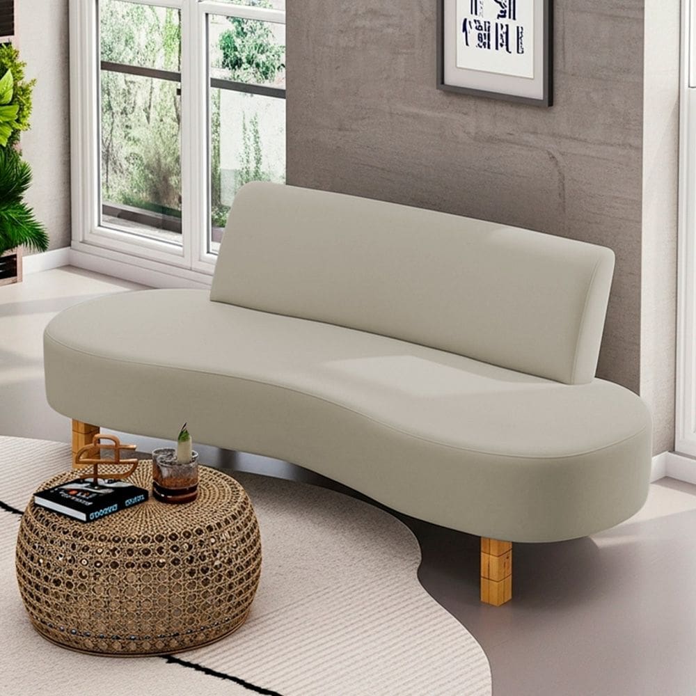 Sofá Orgânico Sala de Estar Raisa 200cm 03 Lugares Pés de Madeira Veludo Bege - Desk Design