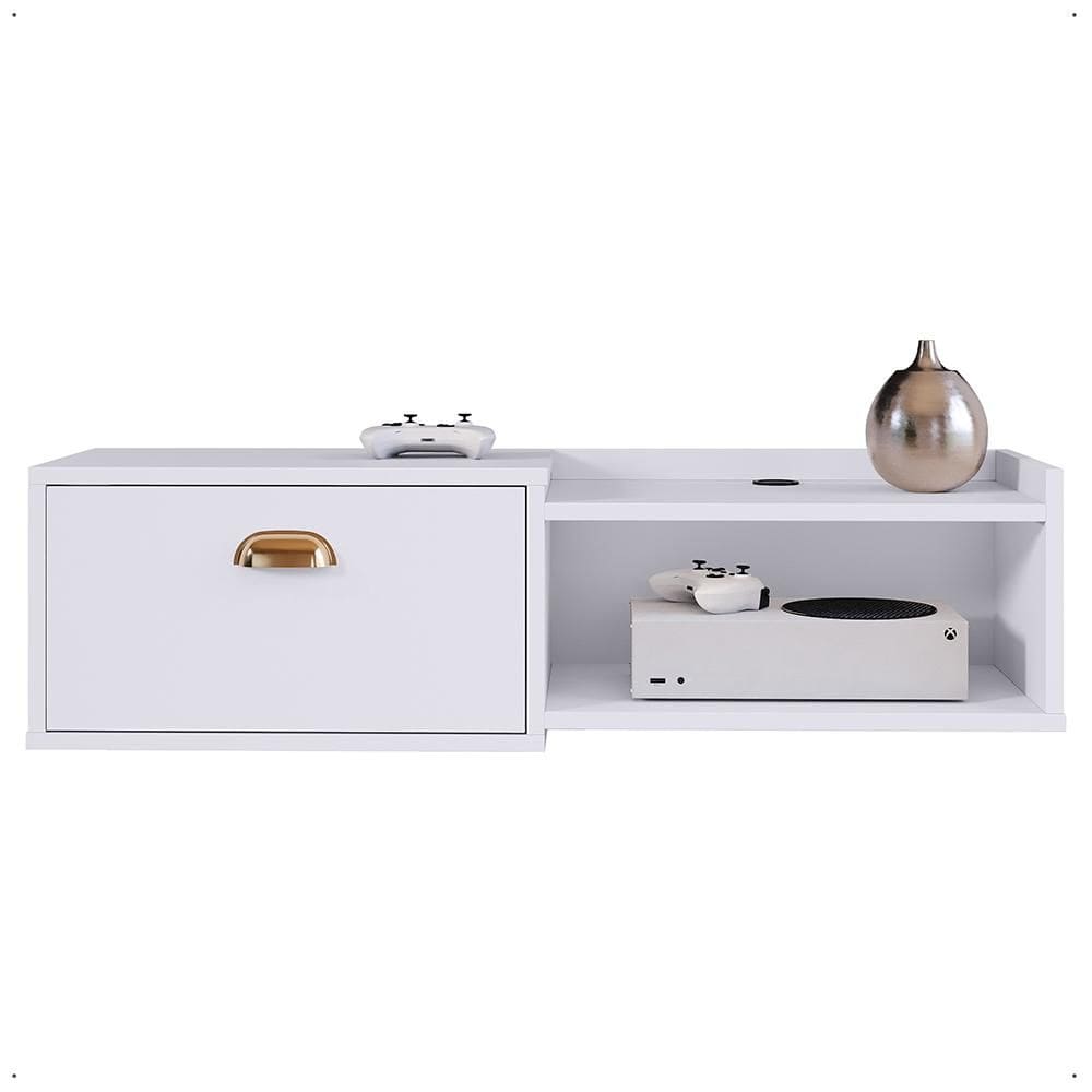 Rack Suspenso TV Smart 32” Bancada Canadá 1 Porta Puxador Concha Nicho Decoração Sala Quarto Branco – Lojas RPM