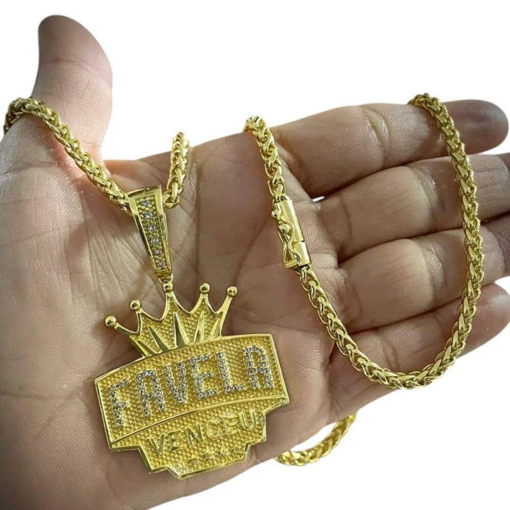 Cordão 5Mm Peruano + Pingente Favela Venceu - Banhado A Ouro