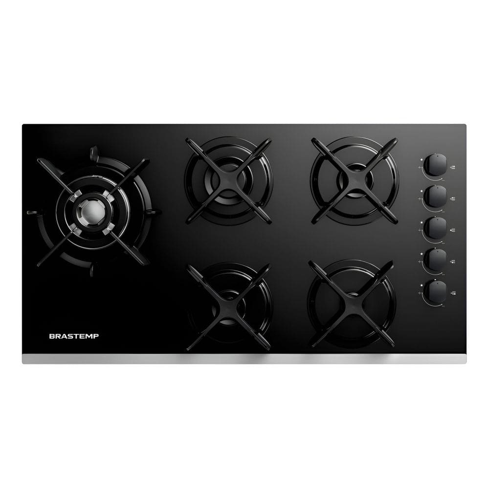 Cooktop 5 Bocas Gas Bivolt Vidro Preto Inox 73x46cm Brastemp