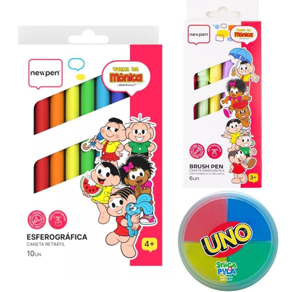 Kit Esferográfica + Brush Pen Turma Da Mônica + Massinha Uno