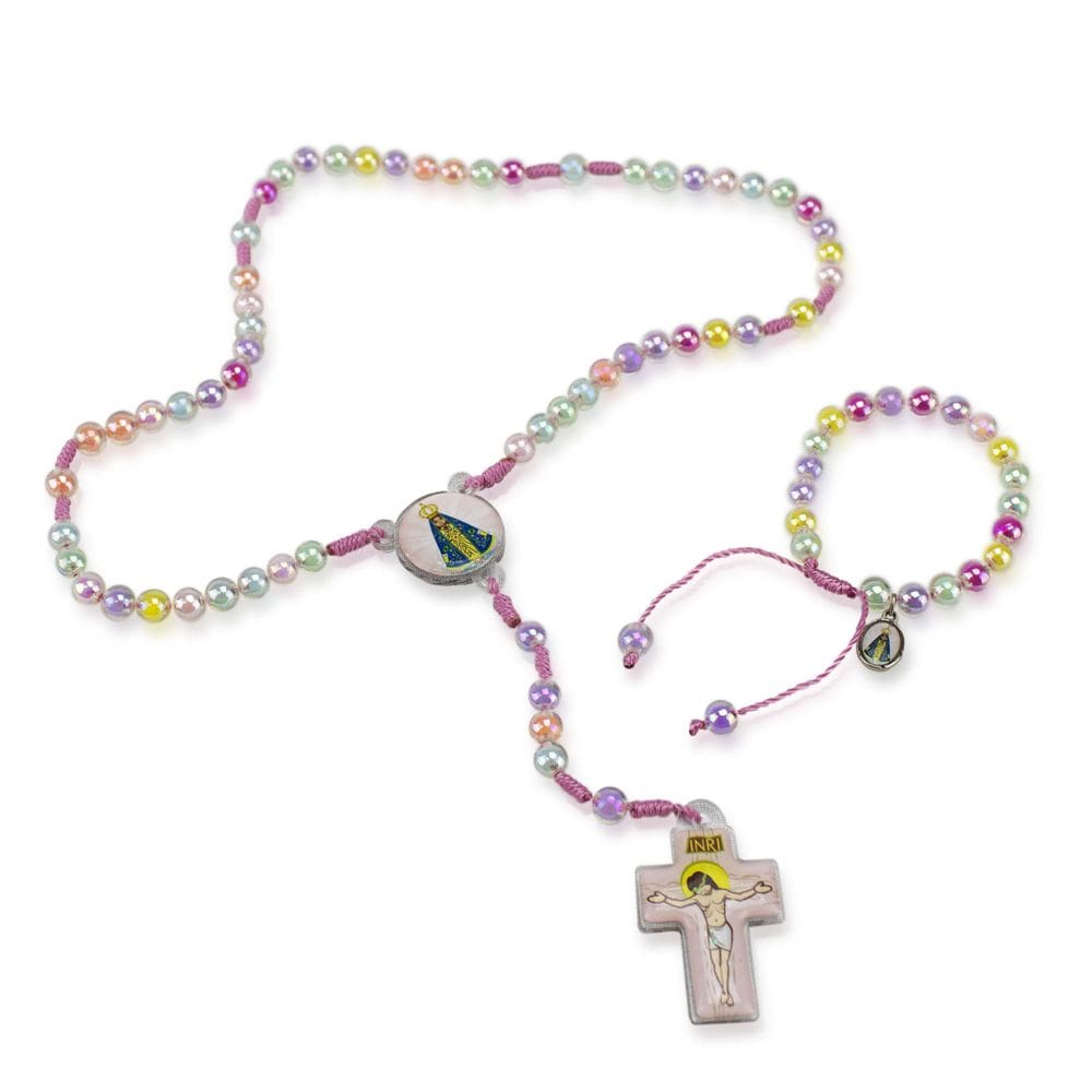 Kit Terço E Pulseira Infantil Nossa Senhora Aparecida 8 Mm