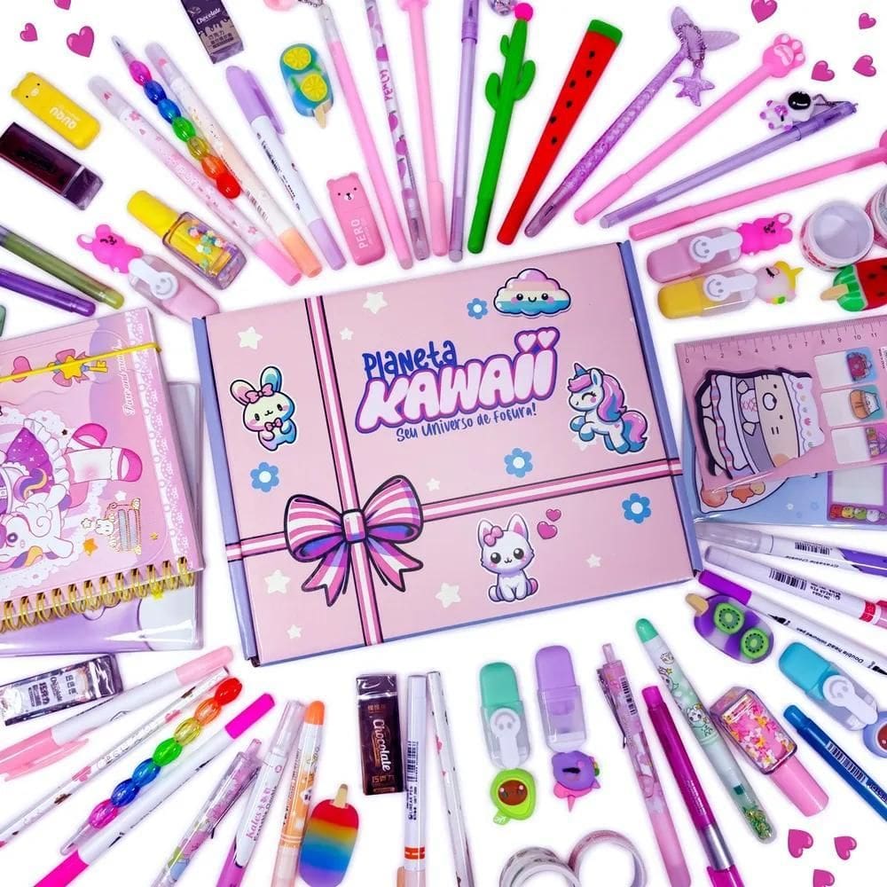 2X Caixa Kit Papelaria Criativa Kawaii 15 Itens Fofos Presen