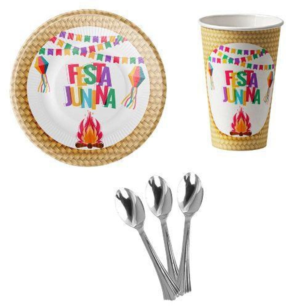 Kit 20 Convidado Pratos Copos Papel Colher 14Cm Festa Junina