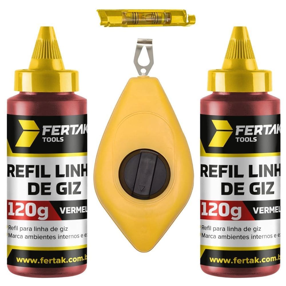 Kit Jogo Marcação Linha Giz 15M Vermelho Com Nível + Refil