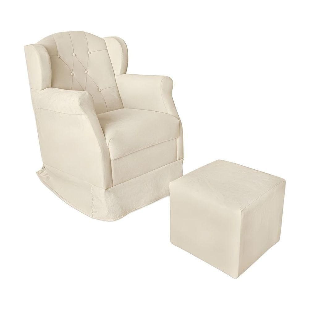 Poltrona Amamentação Com Balanço E Puff Luxo Suede Manuela Bege