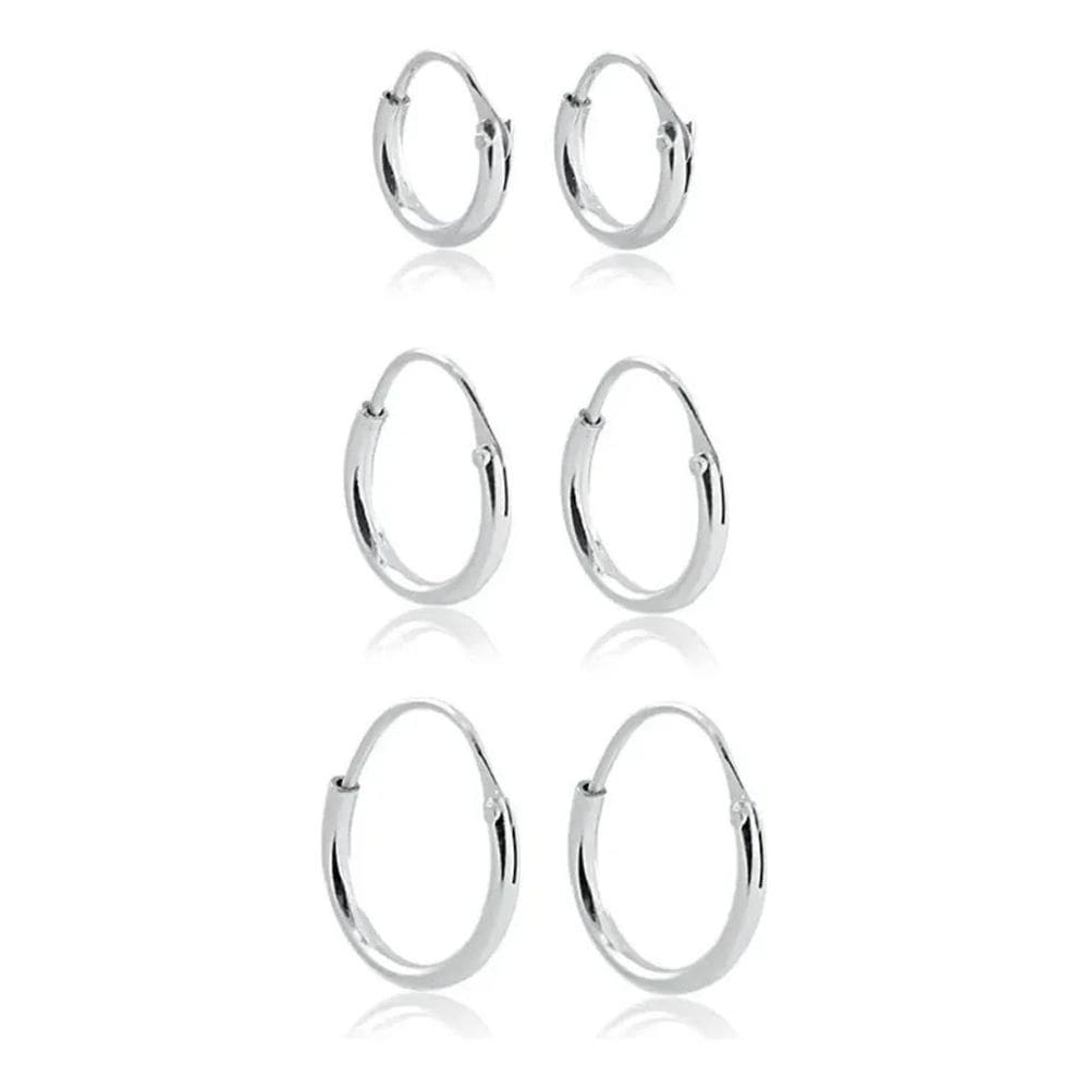 2X Kit Trio Argolas Redondas Prata 925 10Mm/12Mm/14Mm