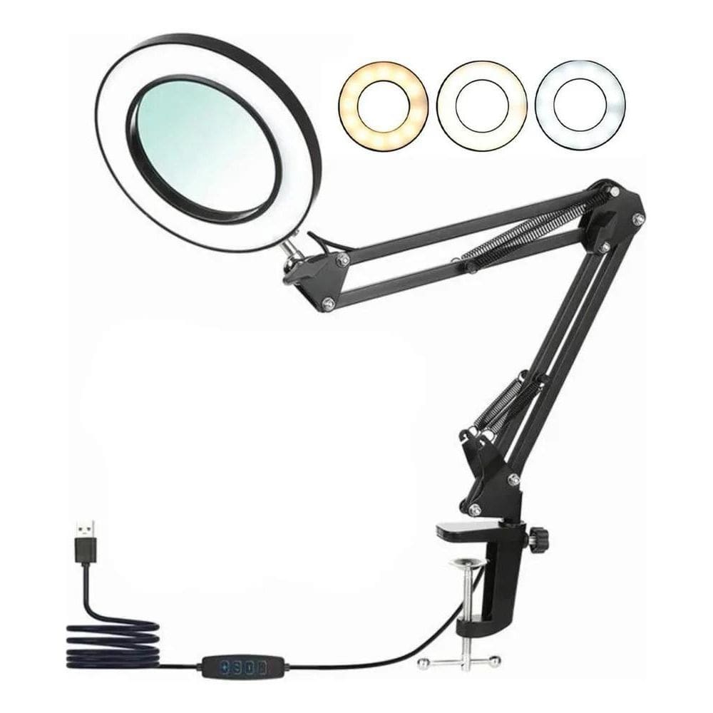 2X Braço Articulado Mesa Lupa Com Led Ring Light 6 Polegada