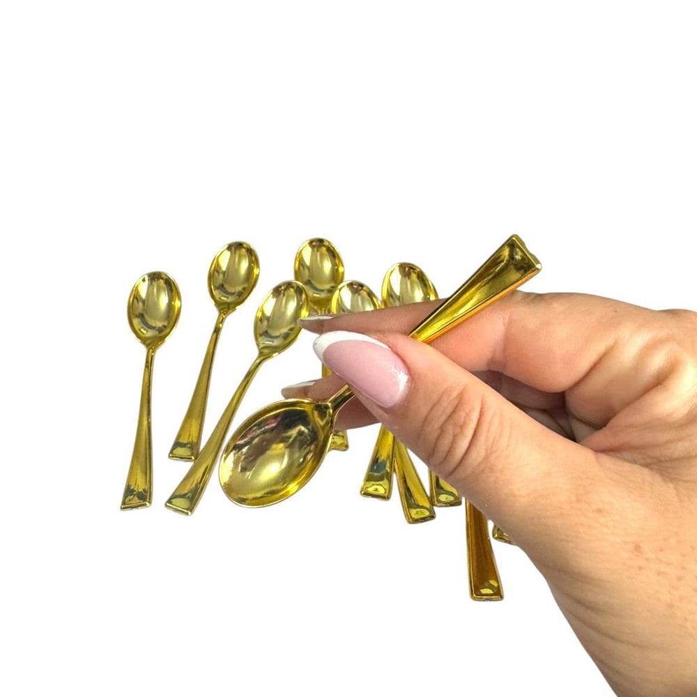 Kit Com 30 Mini Colher Dourada Descartável Plástico 10Cm