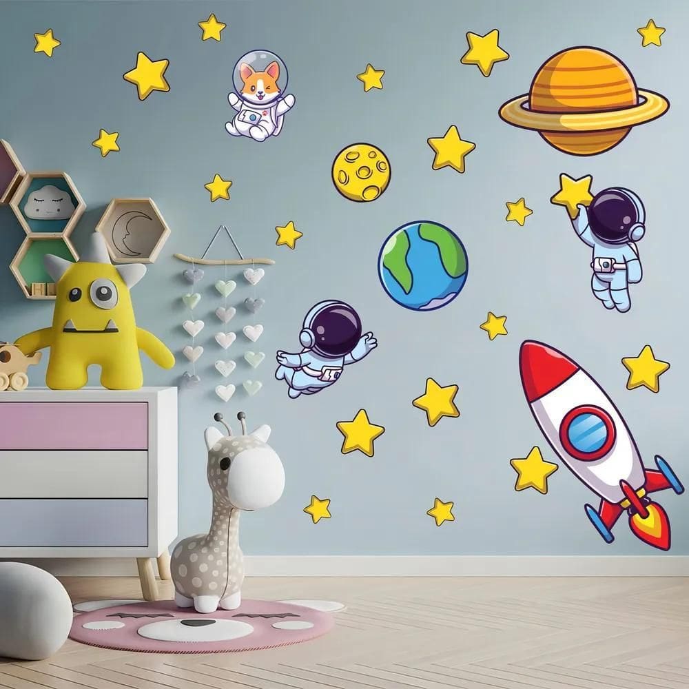 2X Adesivo De Parede Decorativo Astronauta Foguete Estrelas