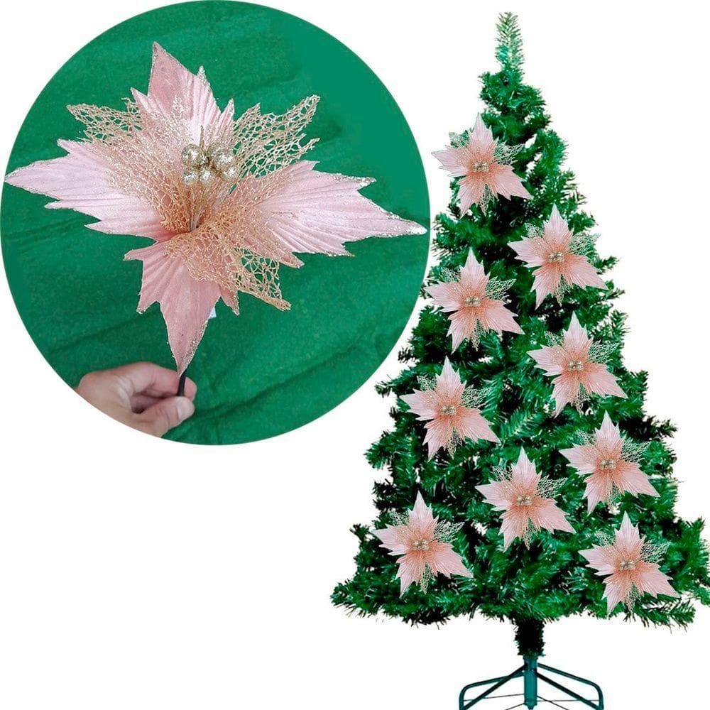 Flores árvore De Natal Rosa Com Gliter Dourado 23cm Kit 8pç