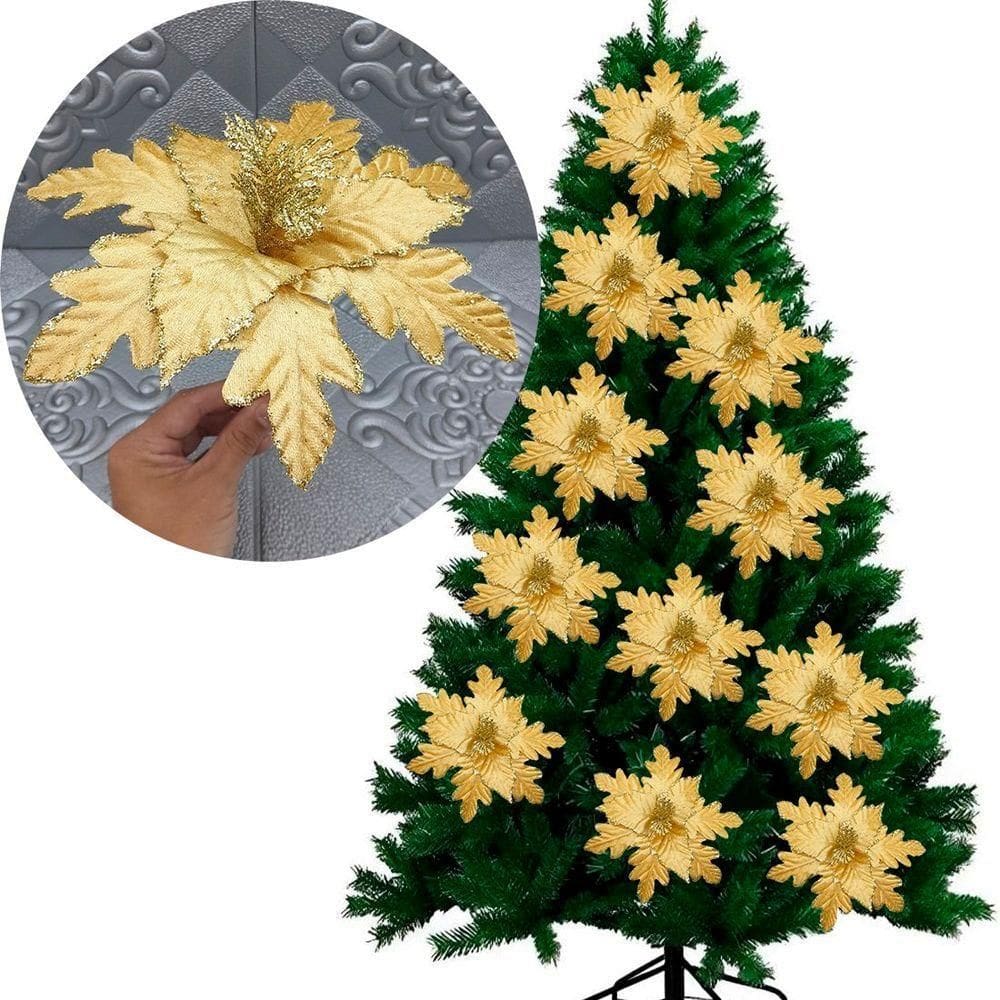 Flores Ramos Arranjo Enfeite Natalino Dourado 20cm Kit 8pçs