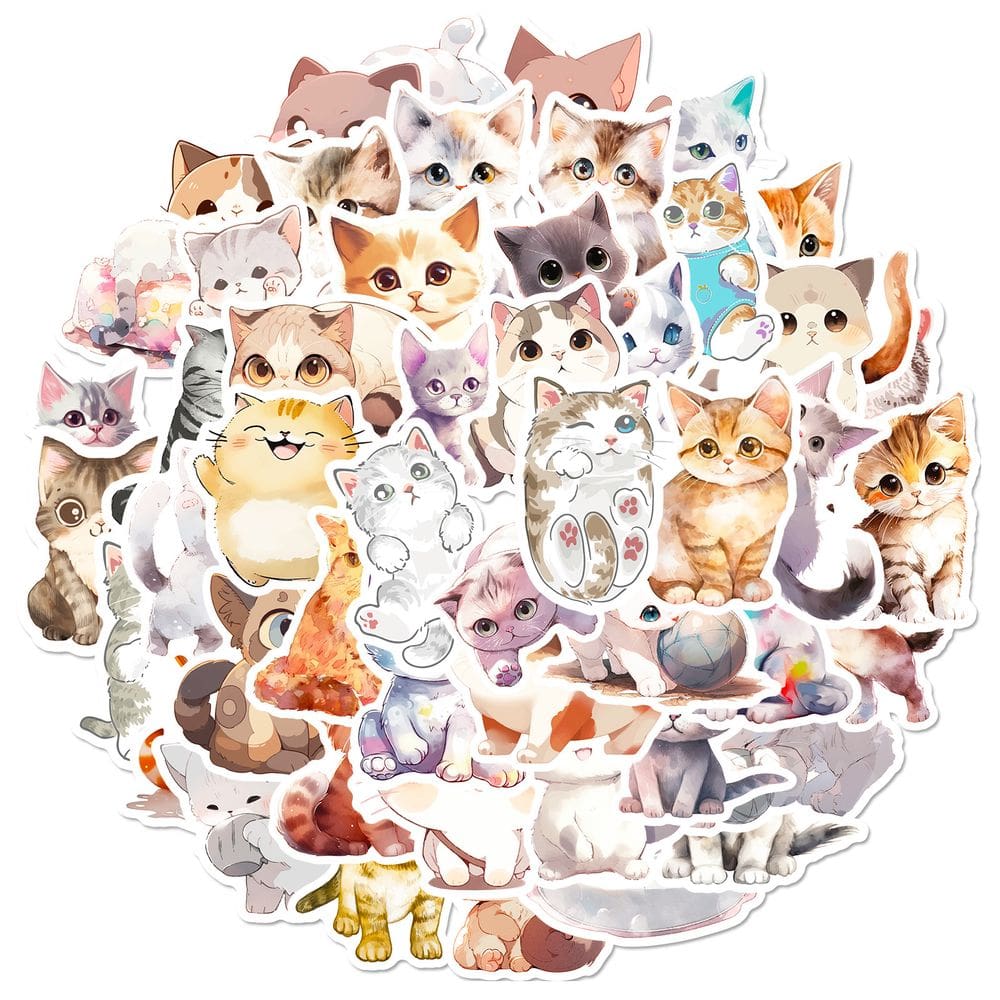 Adesivos em aquarela para gatos, anime, vinil impermeável, 50 unidades/pacote