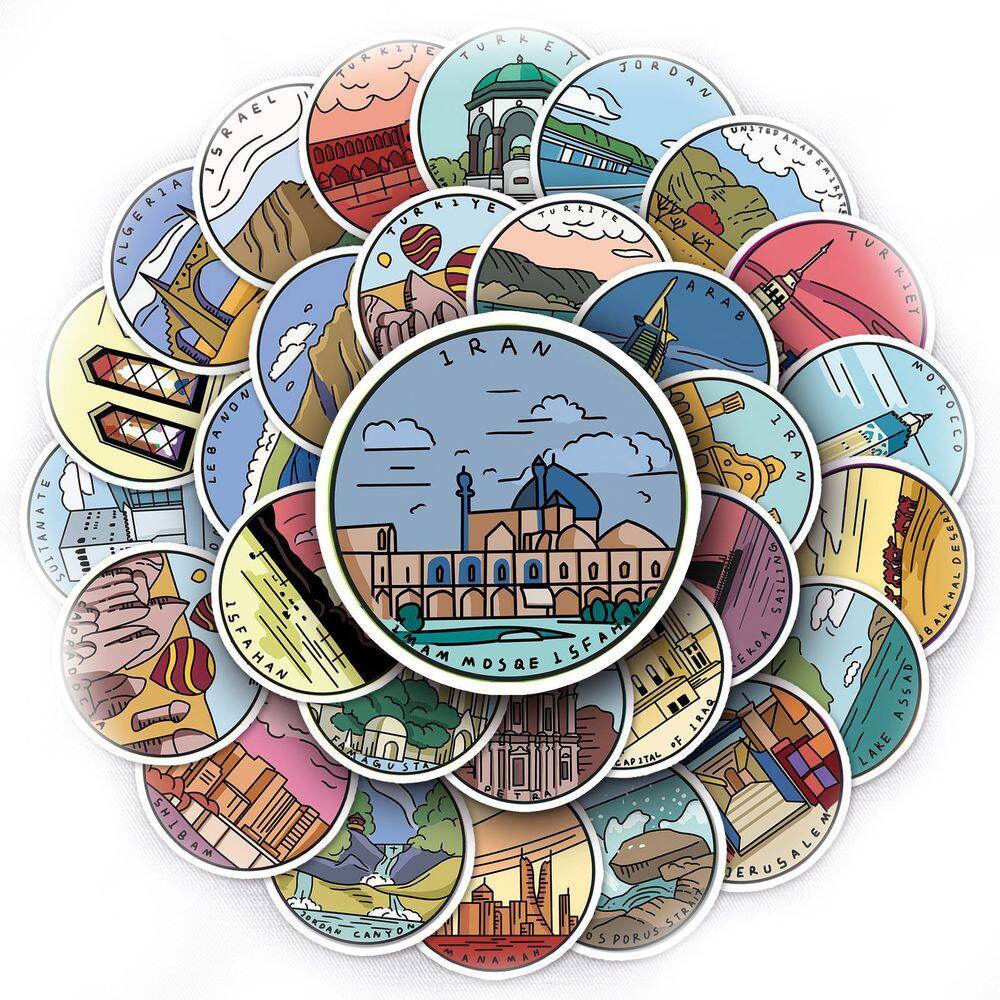 Adesivos: 50 unidades/lote, Oriente Médio, locais históricos, impermeáveis