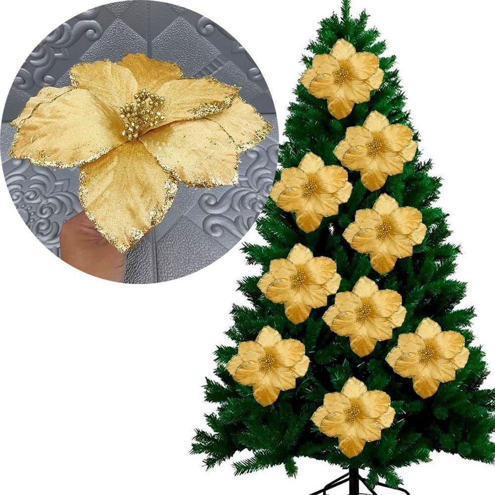 Flores Ramos Arranjo Dourado Enfeite Natalino 20cm Kit 4pçs