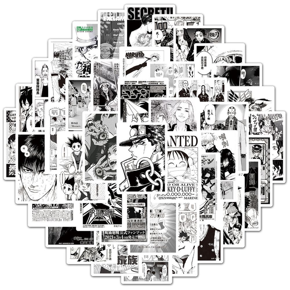 100 adesivos de anime misto em preto e branco One Piece Luffy