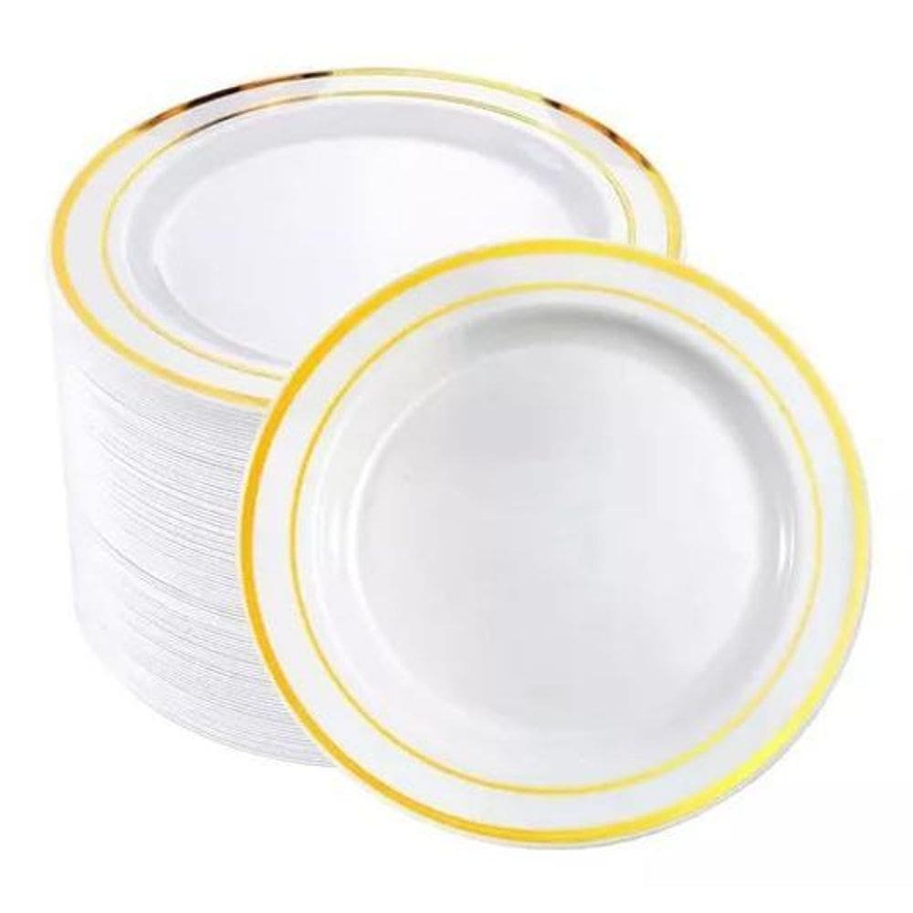 Kit 120 Pratos Sobremesa 19Cm Descartável Luxo Borda Gold