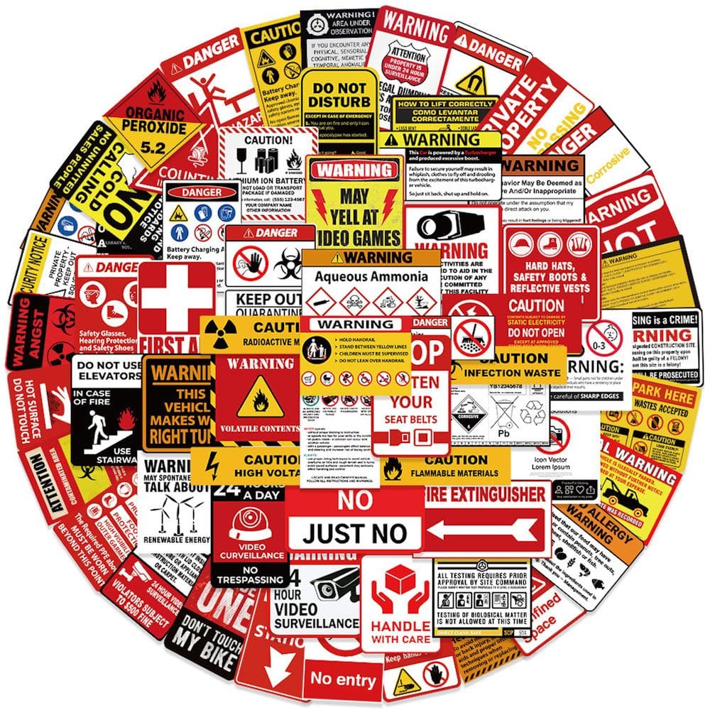 Pacote de adesivos: advertência, etiquetas de segurança, sinais de aviso, anime, 75 unidades