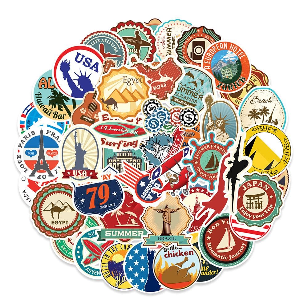 Pacote de adesivos: 100 unidades, mapas de viagem, anime, vinil impermeável