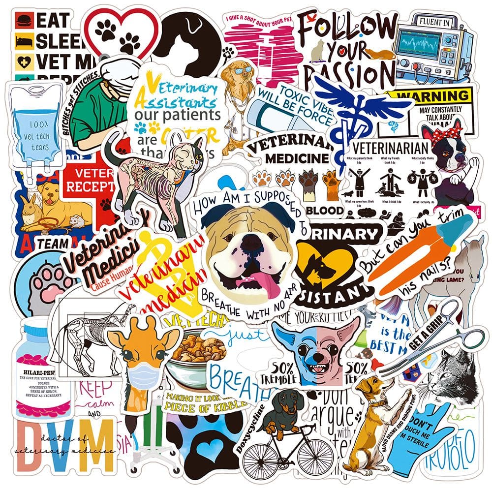 Adesivos veterinários de vinil impermeável, anime, 50 unidades/lote