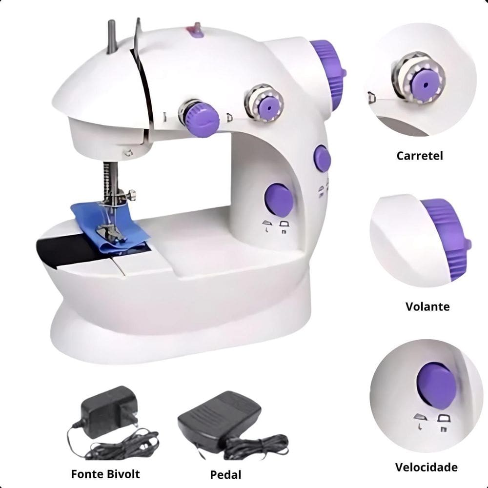 Mini Máquina De Costura Com Pedal, Compacta, Bivolt, Branca