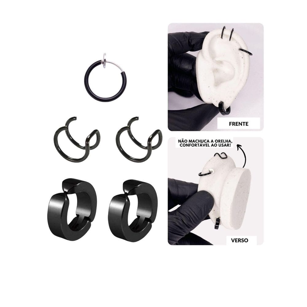 Kit Brinco Argola Pressão Preto 3 Piercing Helix Encaixe