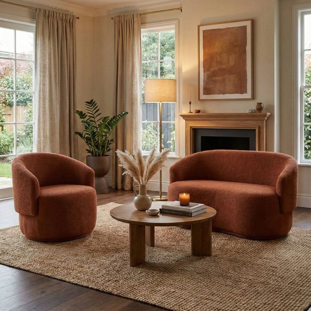 Conjunto de Poltrona + Namoradeira Decorativa Sala Estar Orgânica Beatriz Boucle Terracota- Montanaris Decor