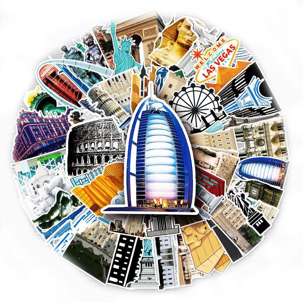 Adesivos Landmarks Buildings Vinil impermeável 64 unidades/lote