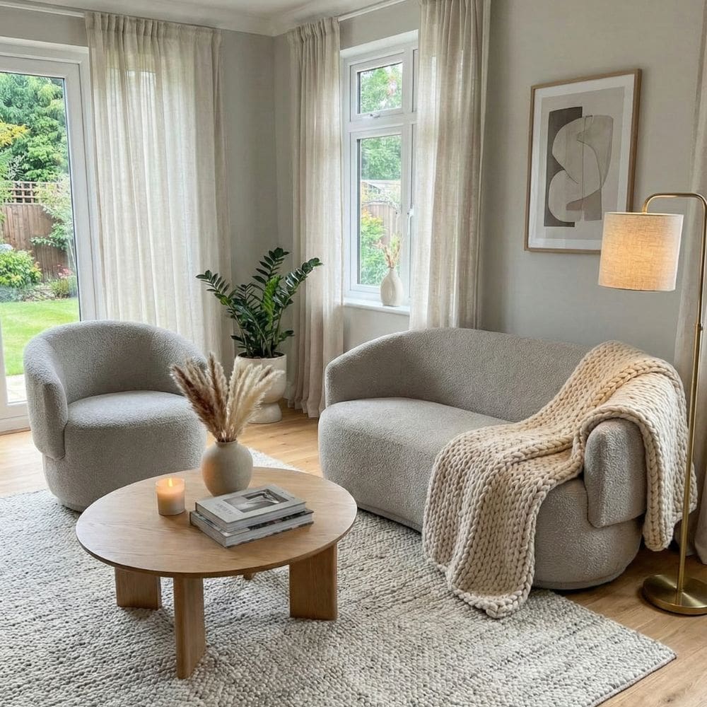 Conjunto de Poltrona + Namoradeira Decorativa Sala Estar Orgânica Beatriz Boucle Cinza Claro - Montanaris Decor