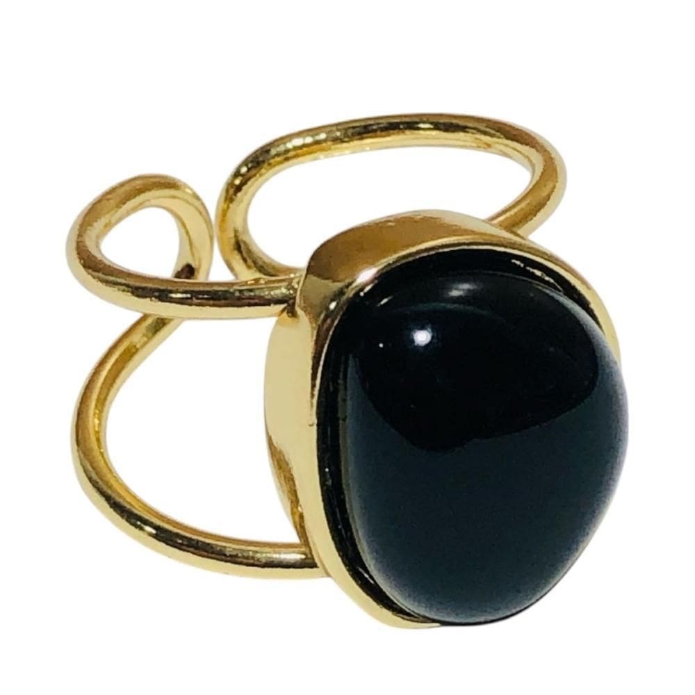 Anel Regulavél Cabochão Agata Preta Dou Semijoia Lizzy Fatin