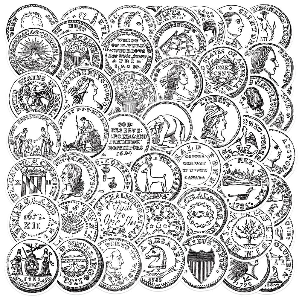Adesivos 50 unidades/lote em preto e branco Retros Art Coins Waterp