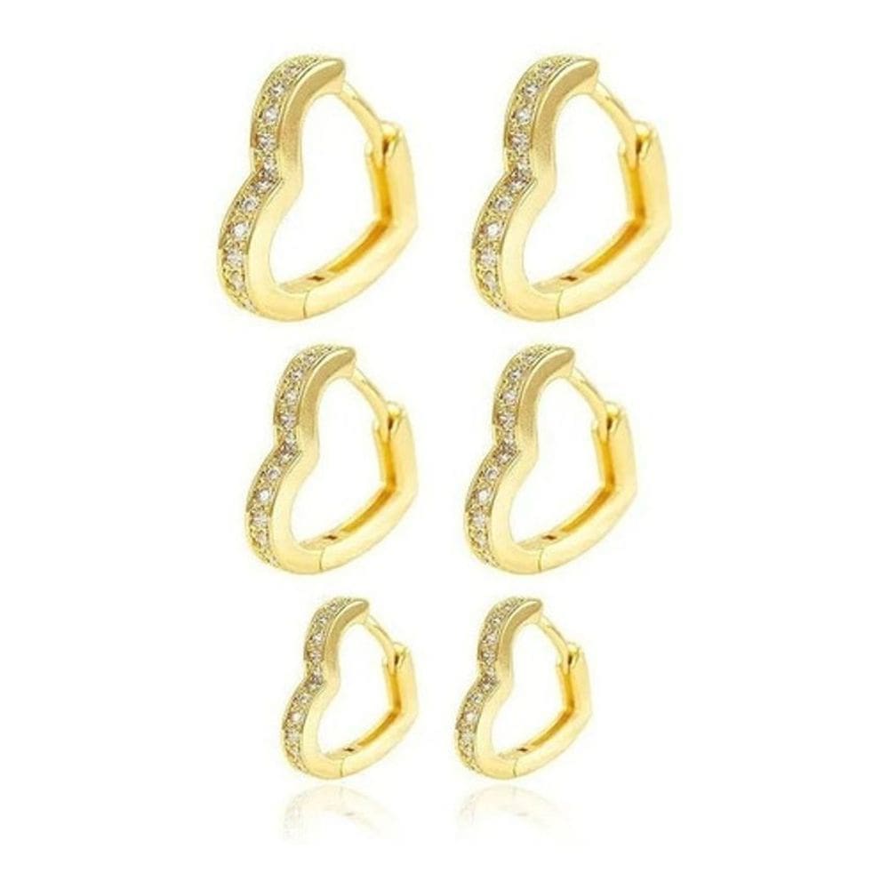 Trio Brinco Argola Pedra Zirconia Coração Dourado F Ouro 18K