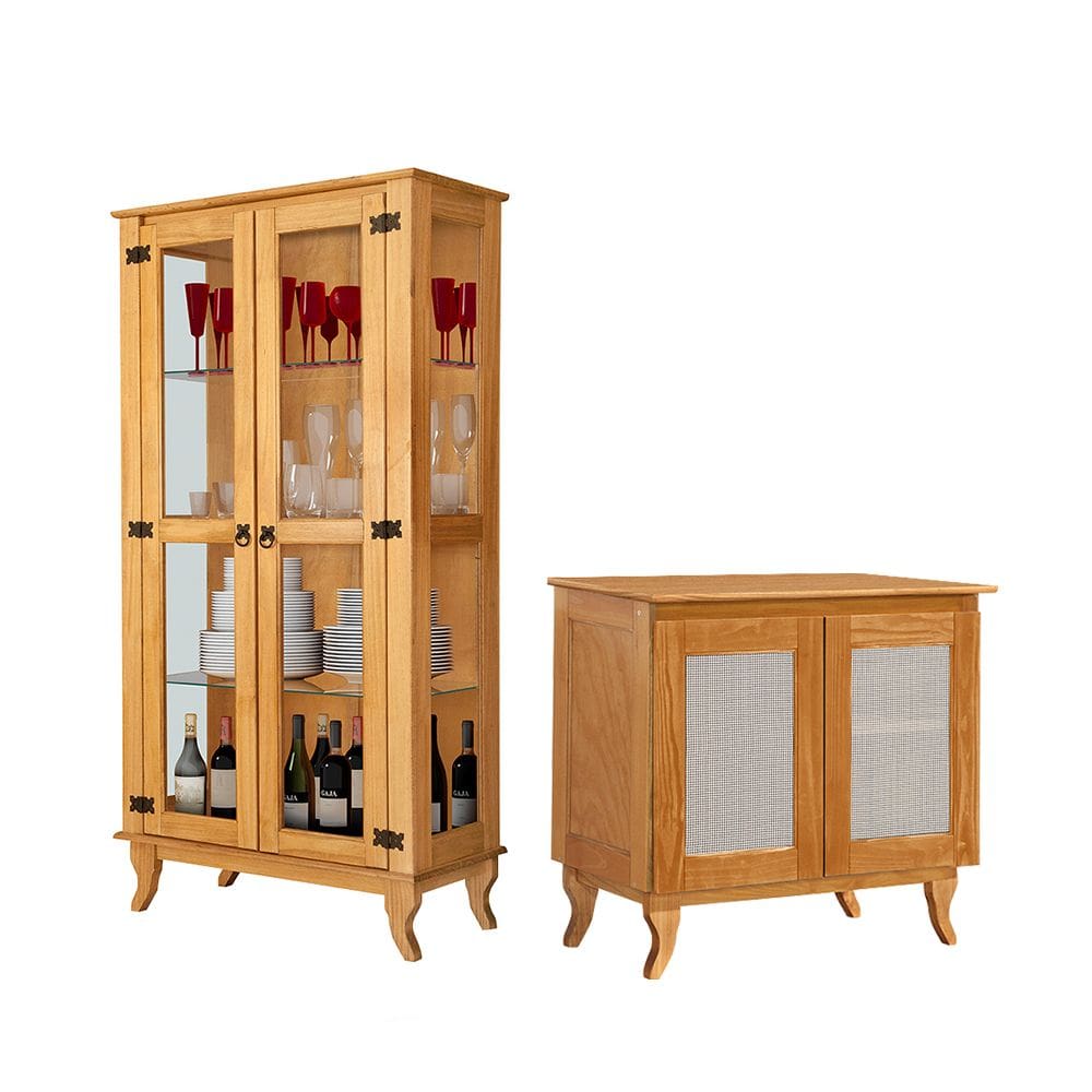 Conjunto Cristaleira com Buffet 2 Portas Madeira Maciça Acabamento Premium Sala Jantar - Imbuia
