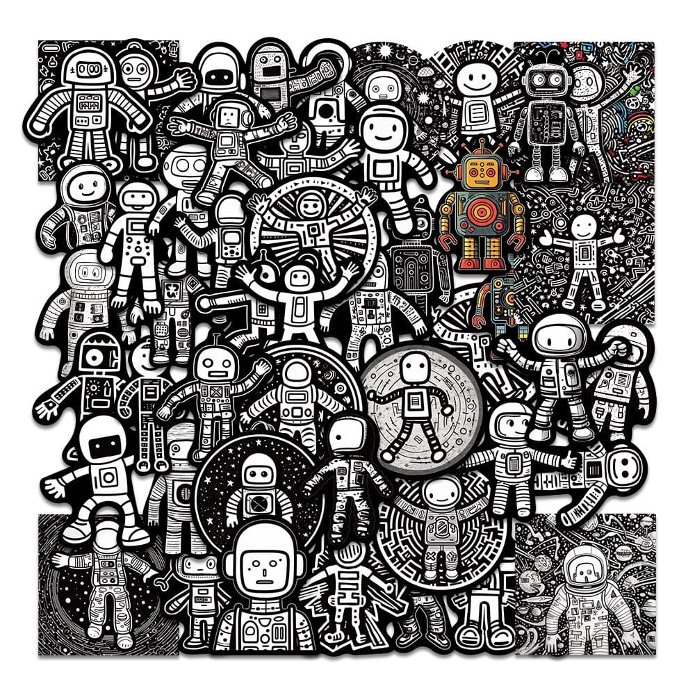 Lote de adesivos: 50 peças, astronautas, robôs, pretos e brancos