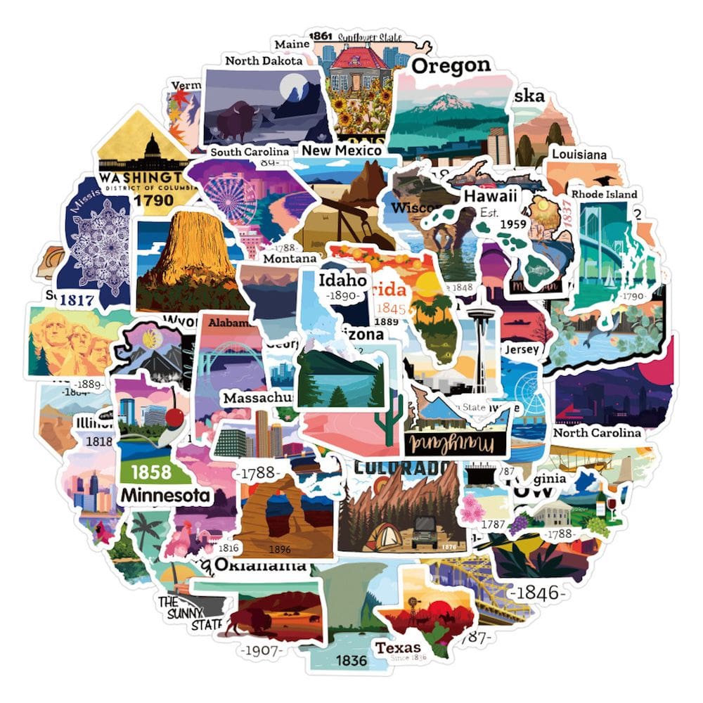 Pacote de adesivos, 50 unidades de desenhos animados decorativos de anime com mapas estaduais dos EUA